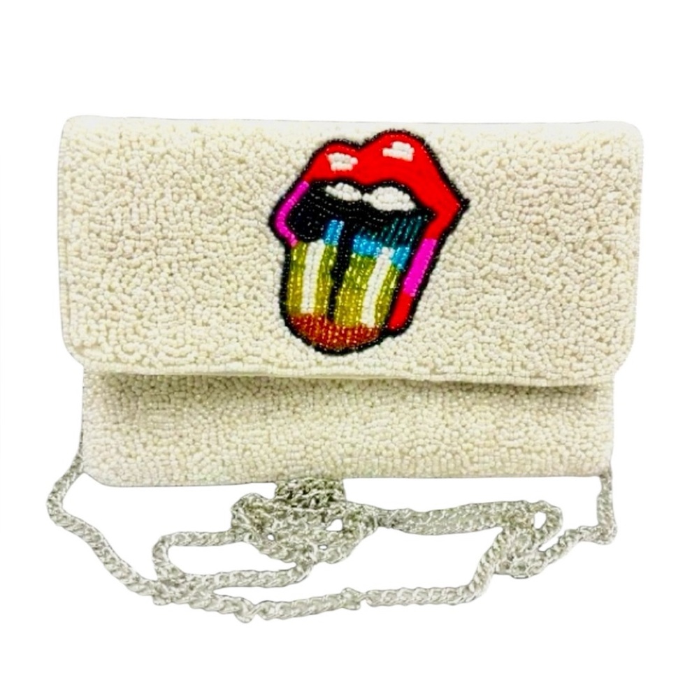 SHIRDEE white beaded lips tongue Stones purse